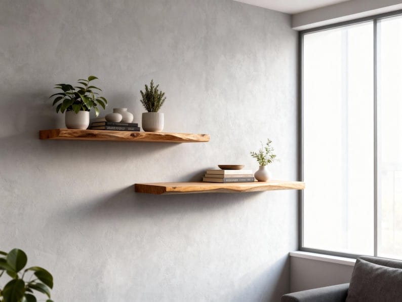 Live Edge Floating Shelf | Long Wooden Wall Shelf | Rustic Bookshelf
