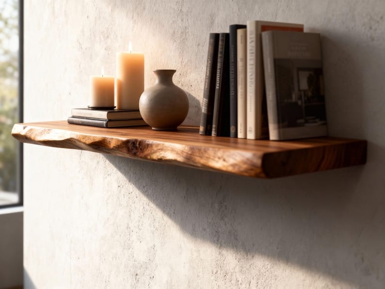 Live Edge Floating Shelf | Long Wooden Wall Shelf | Rustic Bookshelf