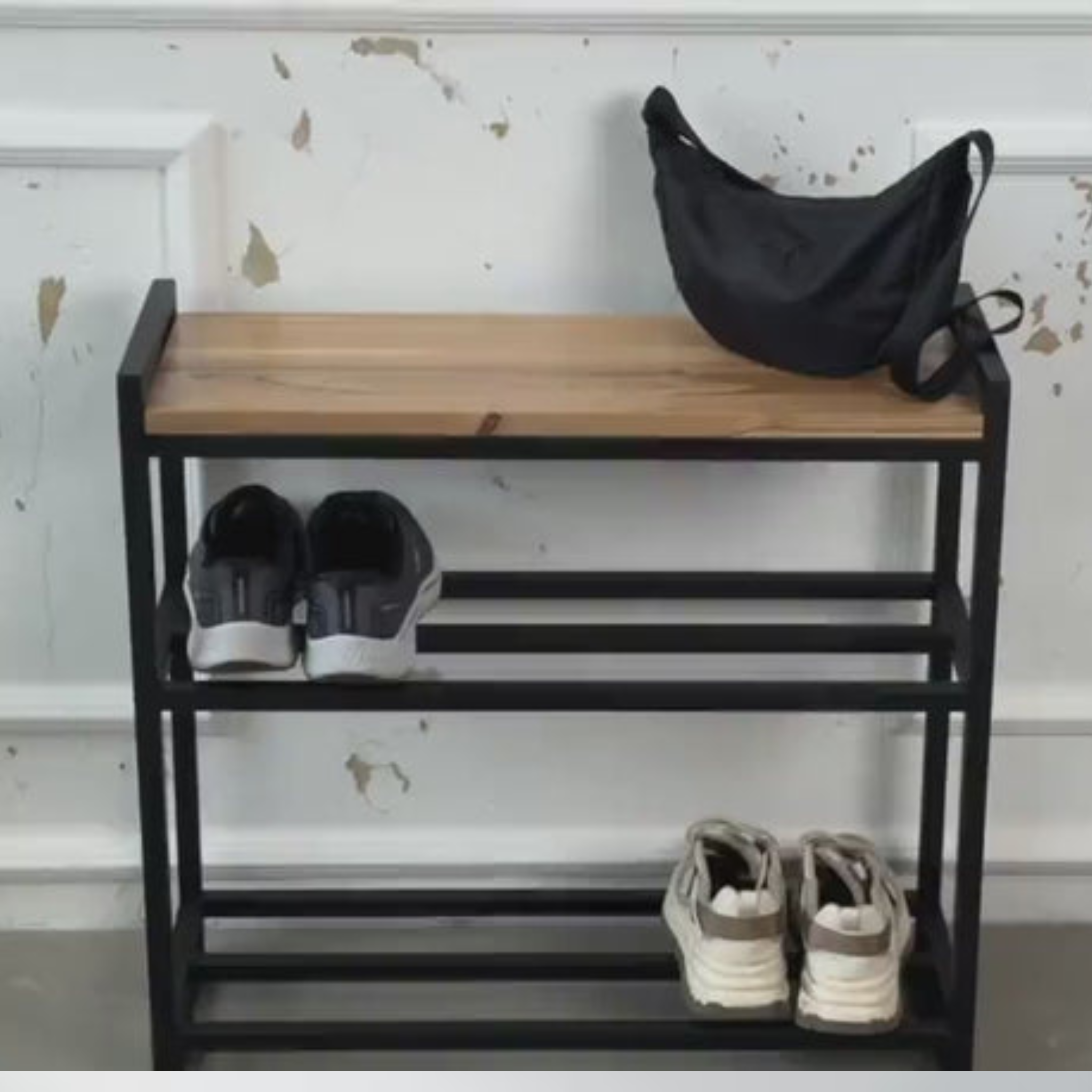 2-Tier Shoe Storage Bench – Wooden Hallway Organizer with Metal Frame