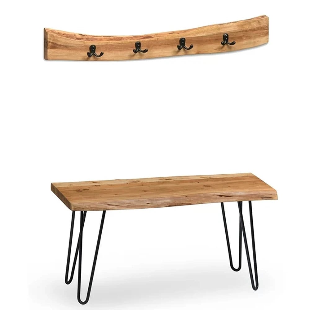 Live Edge Wall Mounted Coat Rack with Bench | Solid Wood Entryway Organizer