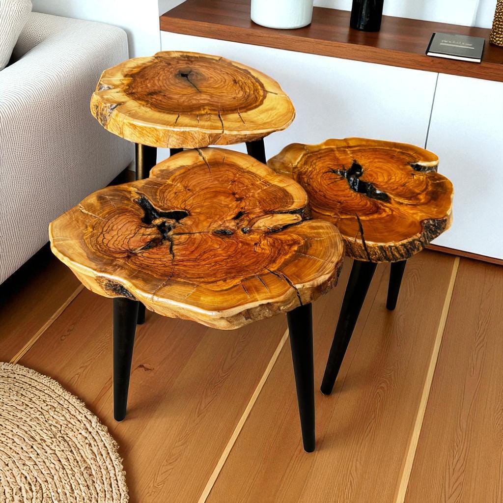 Live Edge Coffee Table with Wooden Legs – Natural Wood Tree Line Rustic Coffee Table