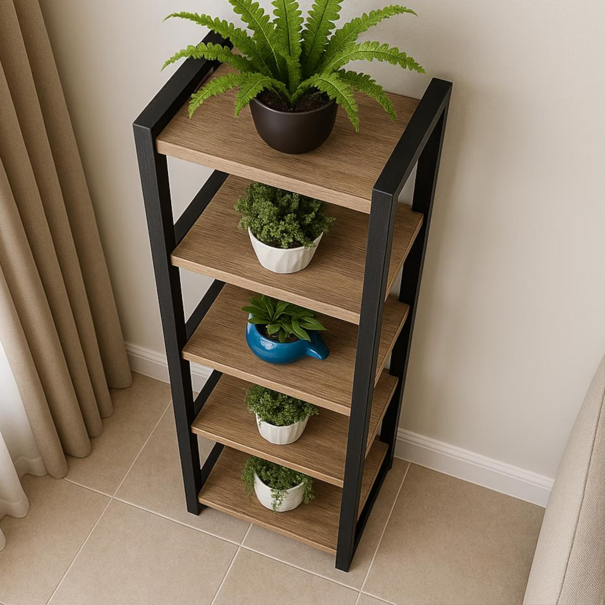 5-Tier Sheesham Wood Plant Stand – Solid Wood & Metal Frame | Aureus Living Pakistan