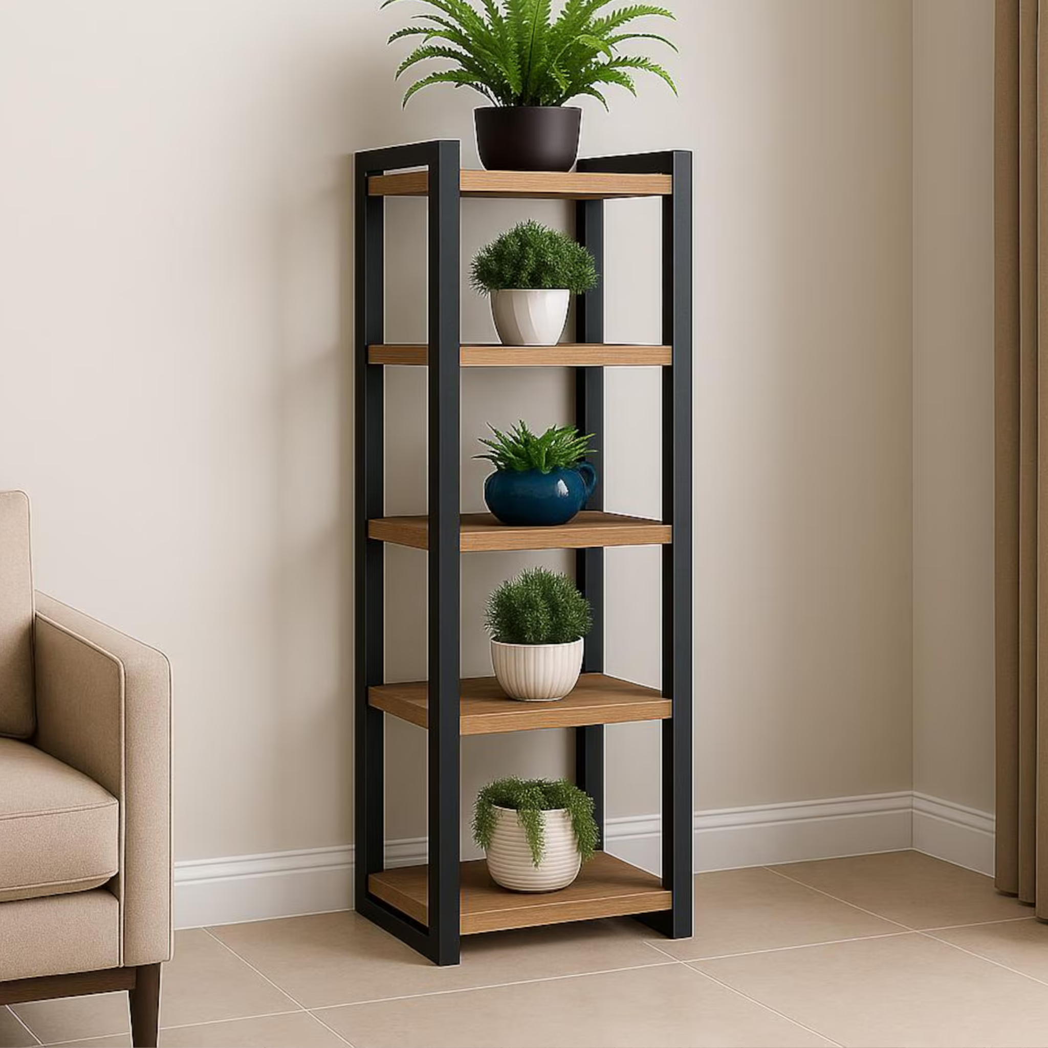 5-Tier Sheesham Wood Plant Stand – Solid Wood & Metal Frame | Aureus Living Pakistan