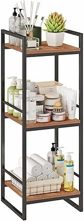 3 Tier Bathroom Shelving Unit – Narrow Open Floor Shelves | Industrial Metal Corner Storage Rack with Solid Wood