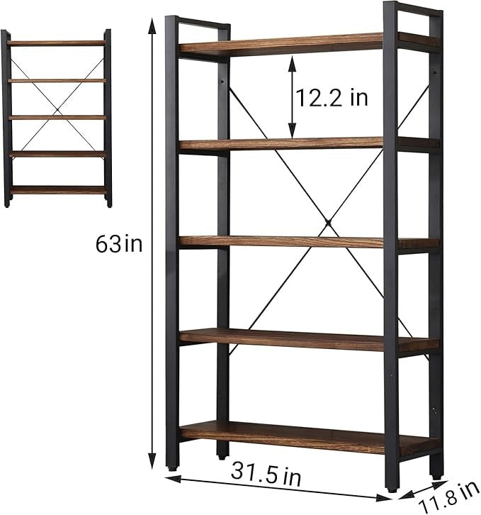 5 Tier Bookcase – Rustic Industrial Etagere Bookshelf with Open Storage Shelves