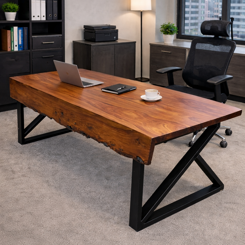 Live Edge Sheesham Wood Desk with Metal Legs – Premium Solid Wood Office Table | Aureus Living Pakistan