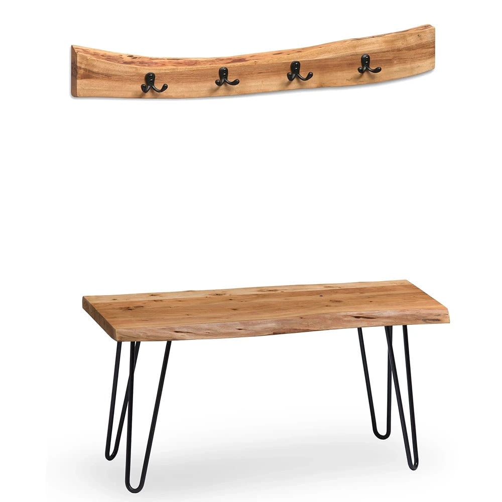 Live Edge Wall Mounted Coat Rack with Bench | Solid Wood Entryway Organizer