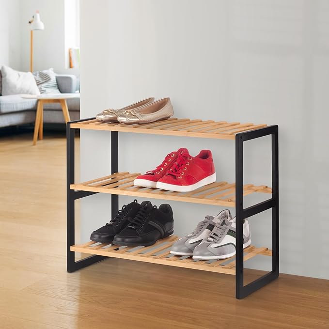 3-Tier Wood Shoe Rack | Industrial Shoe Organizer | Modern Storage Bench