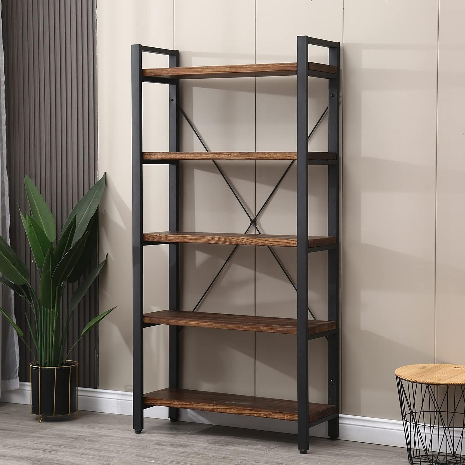 5 Tier Bookcase – Rustic Industrial Etagere Bookshelf with Open Storage Shelves