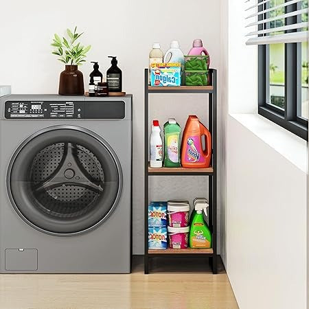 3 Tier Bathroom Shelving Unit – Narrow Open Floor Shelves | Industrial Metal Corner Storage Rack with Solid Wood