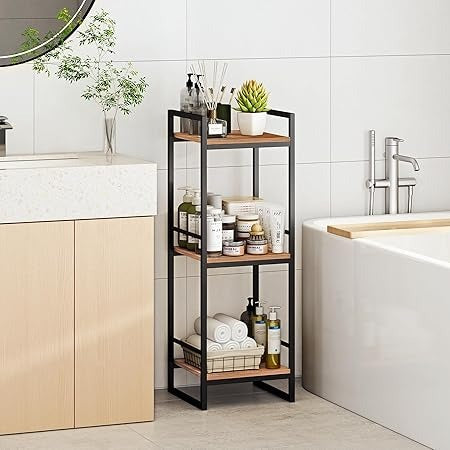 3 Tier Bathroom Shelving Unit – Narrow Open Floor Shelves | Industrial Metal Corner Storage Rack with Solid Wood