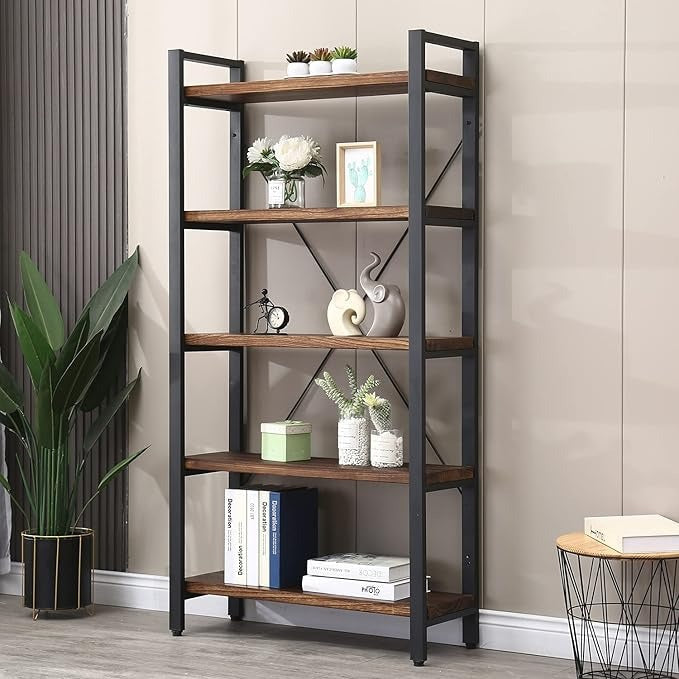 5 Tier Bookcase – Rustic Industrial Etagere Bookshelf with Open Storage Shelves
