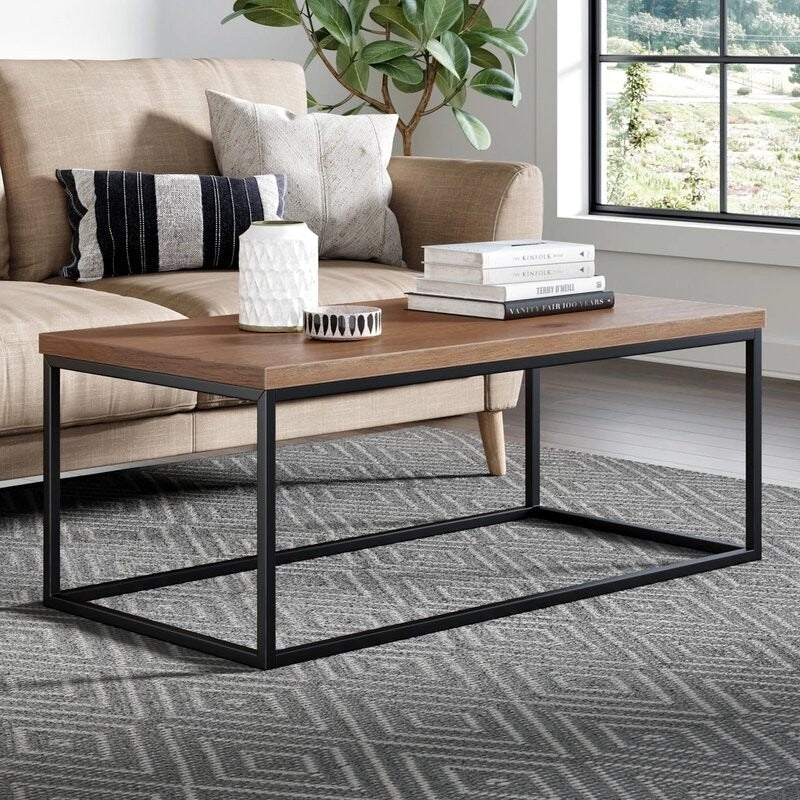 Rectangular Sheesham Wood & Metal Center Table – Large Modern Coffee Table for Living Room