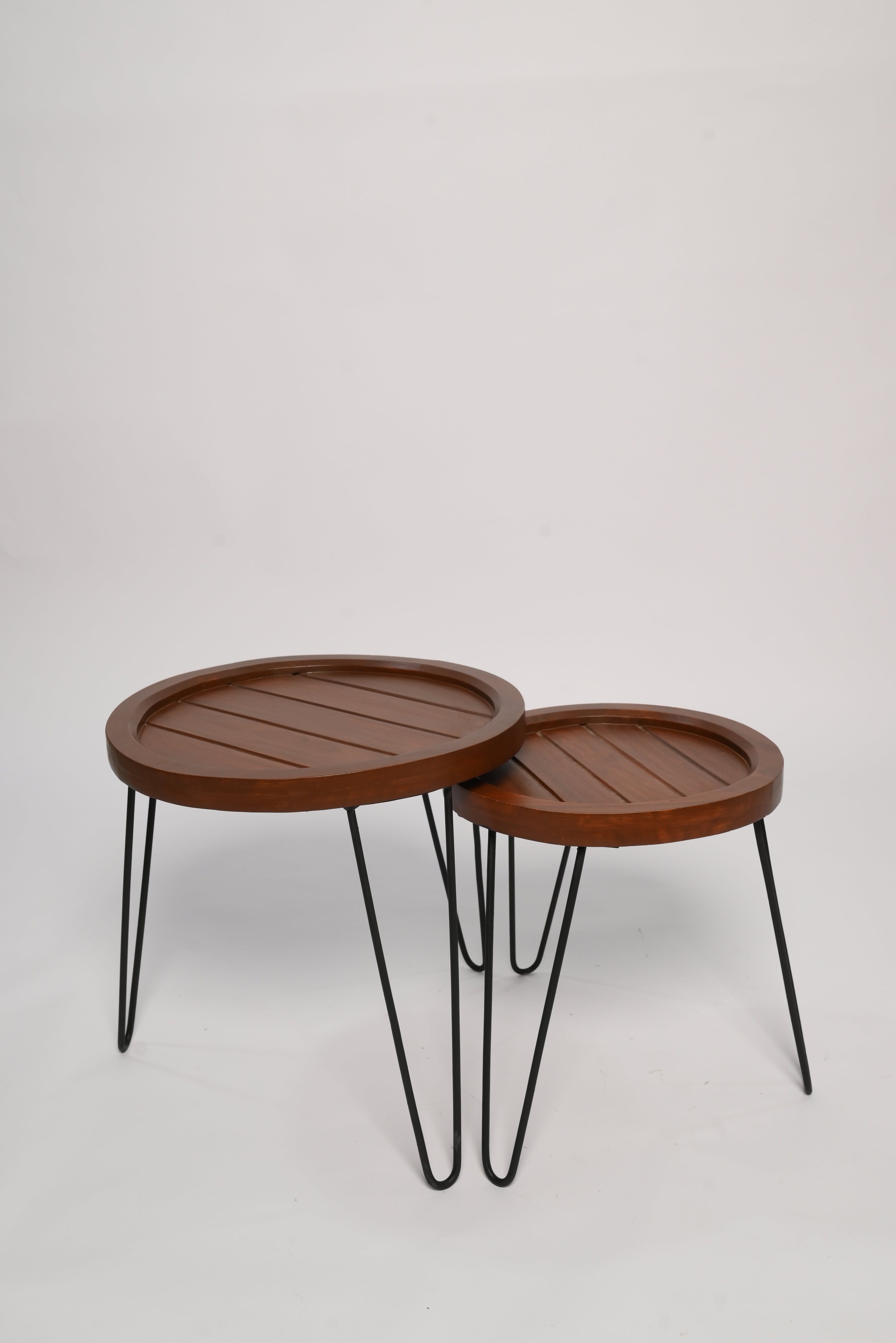 Round Nesting Tables Set of 2 | Solid Wood Hairpin Leg Tables | Industrial Tray Tables