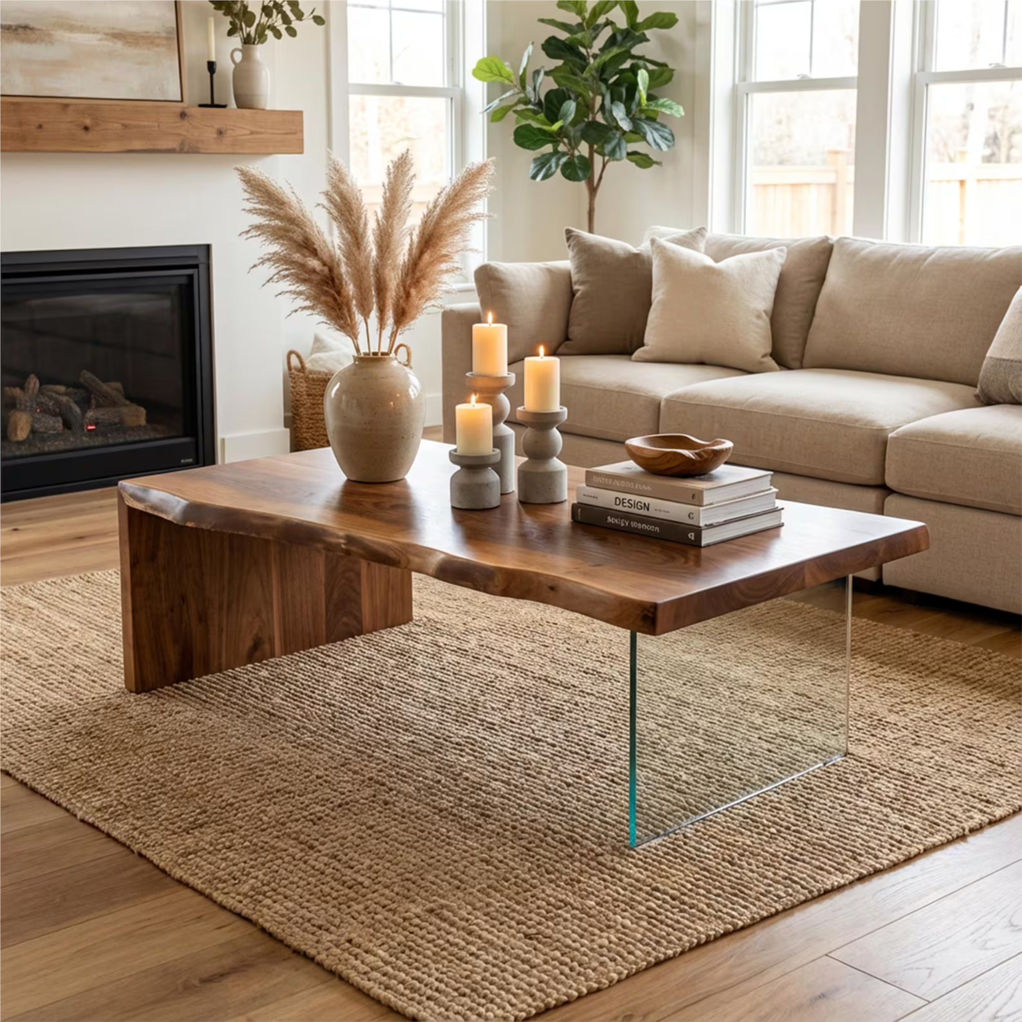 Live Edge Waterfall Coffee Table with Glass Legs – Solid Sheesham Wood Luxury Center Table | Aureus Living Pakistan