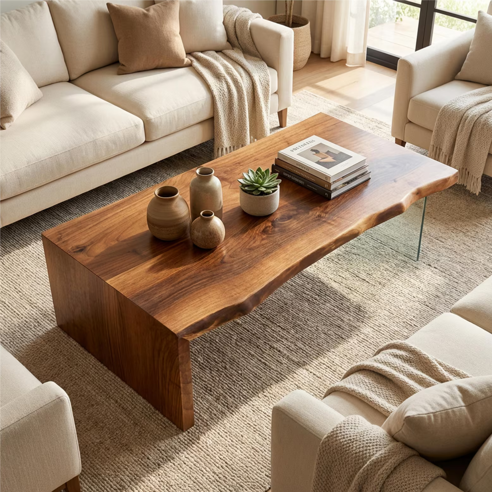 Live Edge Waterfall Coffee Table with Glass Legs – Solid Sheesham Wood Luxury Center Table | Aureus Living Pakistan