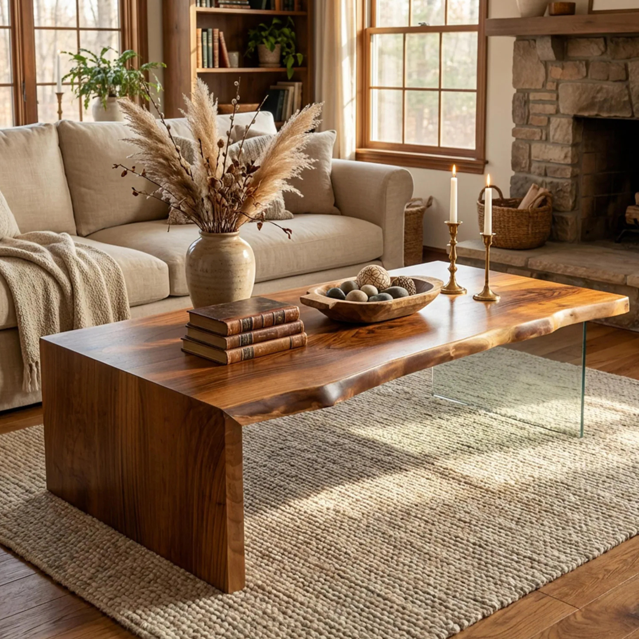Live Edge Waterfall Coffee Table with Glass Legs – Solid Sheesham Wood Luxury Center Table | Aureus Living Pakistan