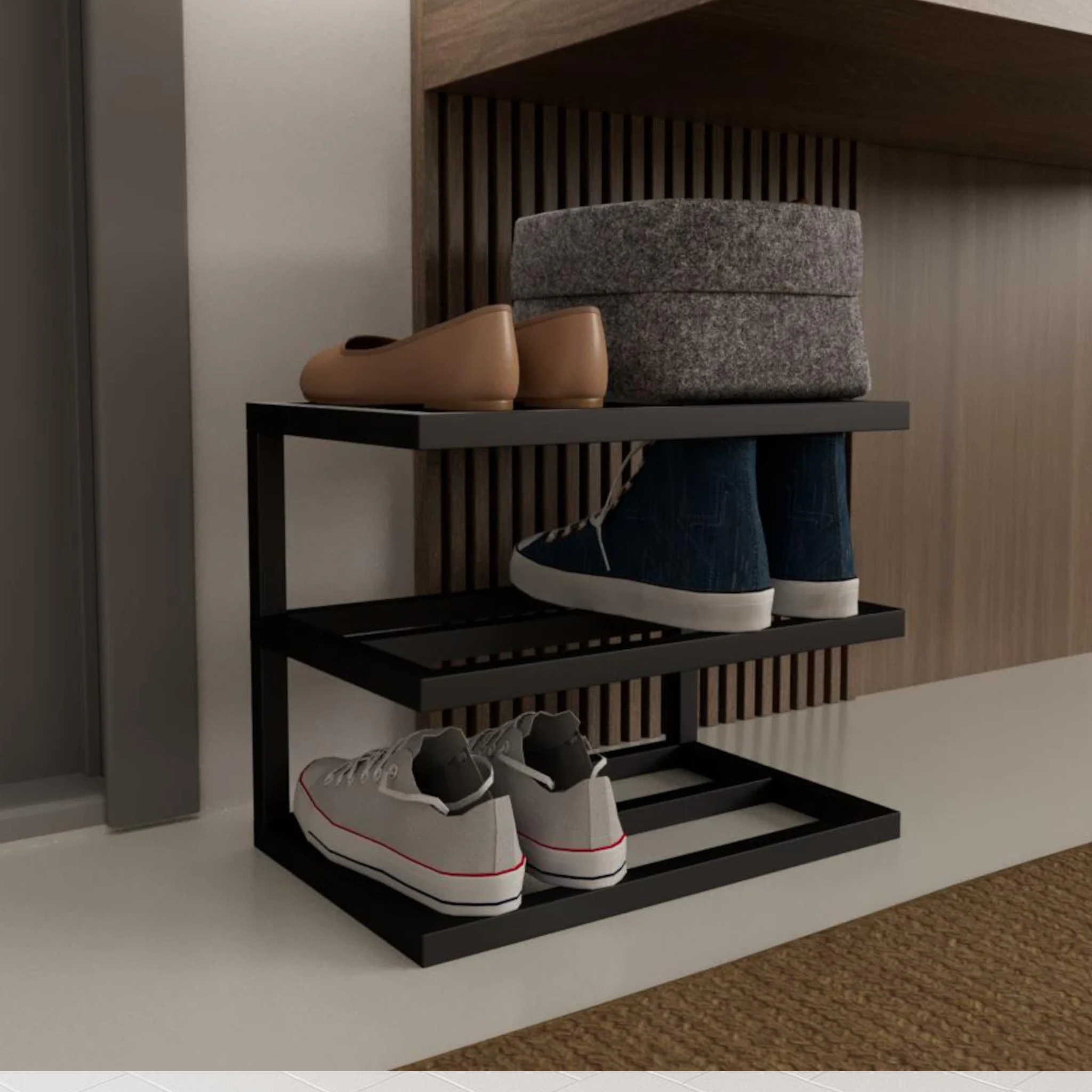 Minimalist 3-Tier Metal Shoe Rack – Compact Entryway Organizer | Aureus Living