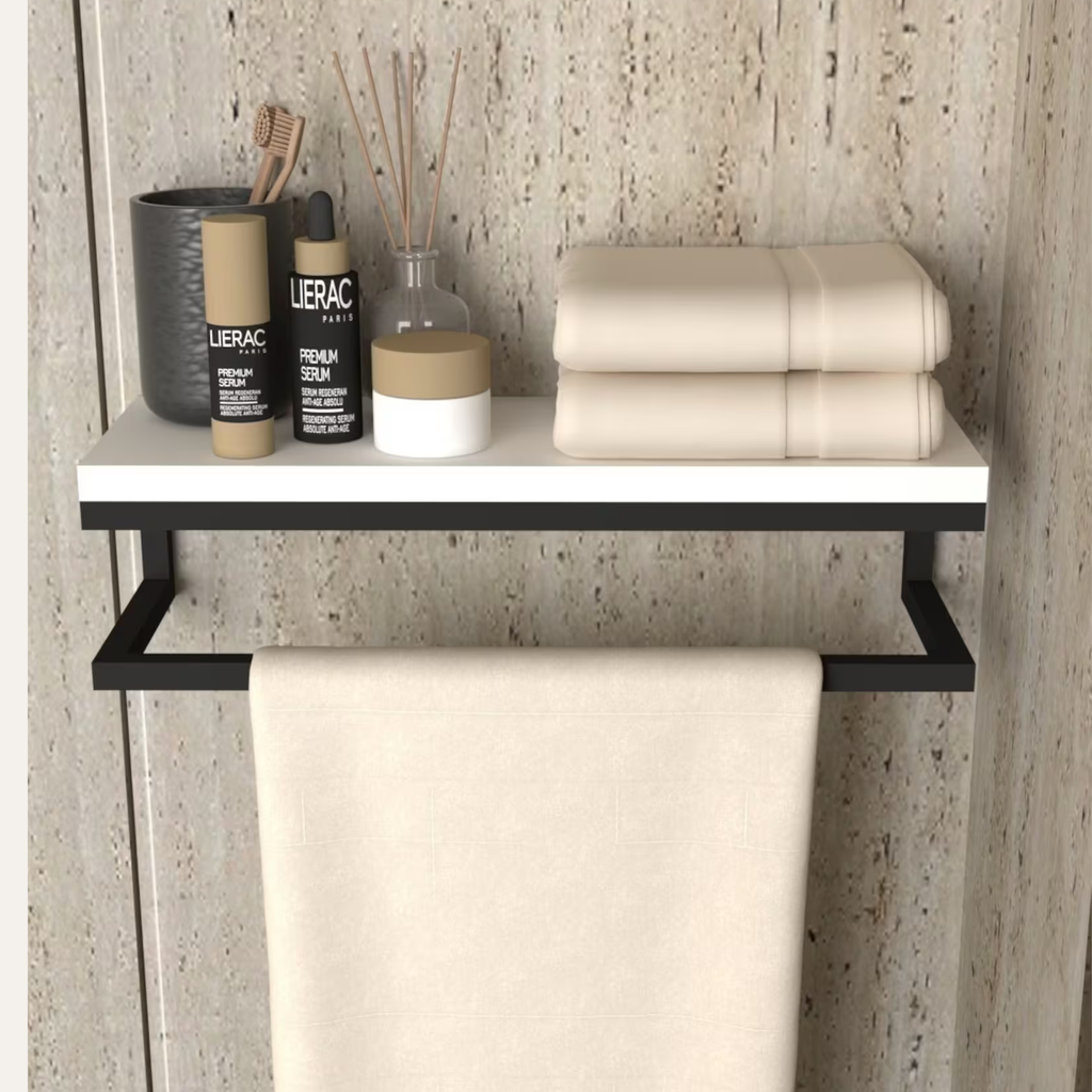 Modern Bathroom Towel Rack Shelf – Wooden Wall Shelf with Black Metal Frame | Aureus Living Pakistan