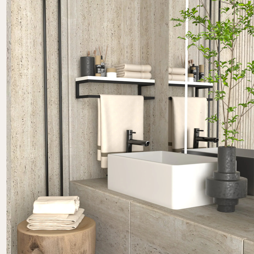 Modern Bathroom Towel Rack Shelf – Wooden Wall Shelf with Black Metal Frame | Aureus Living Pakistan
