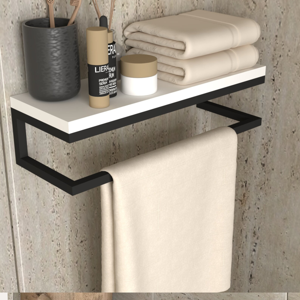 Modern Bathroom Towel Rack Shelf – Wooden Wall Shelf with Black Metal Frame | Aureus Living Pakistan