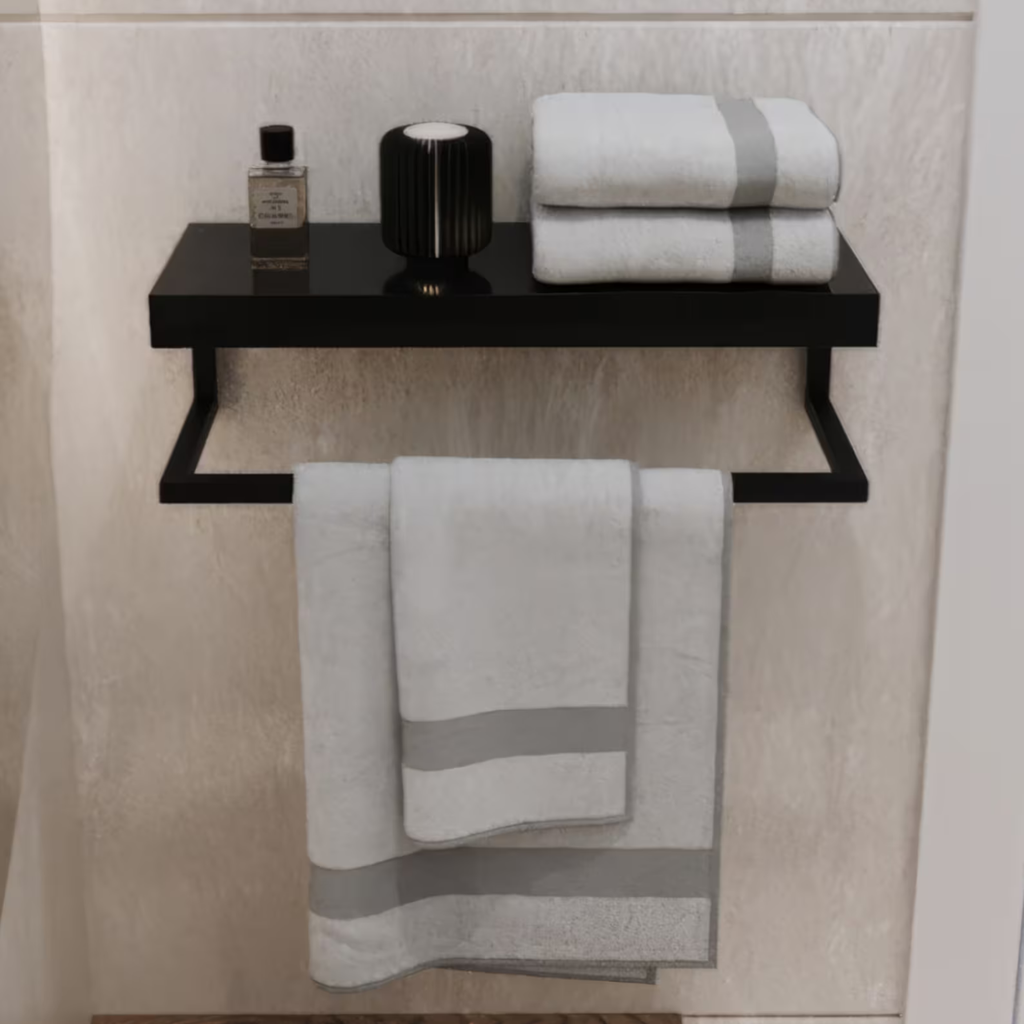 Modern Bathroom Towel Rack Shelf – Wooden Wall Shelf with Black Metal Frame | Aureus Living Pakistan