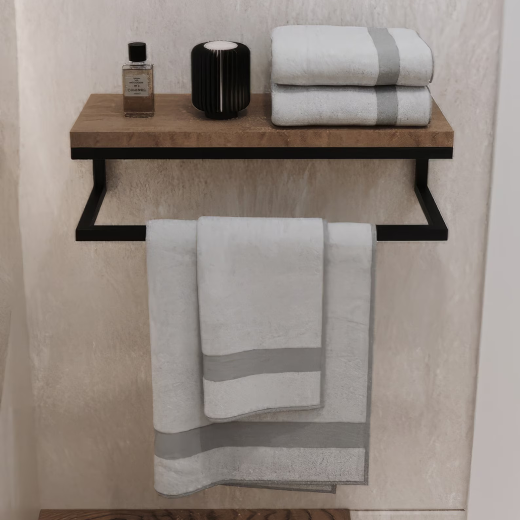 Modern Bathroom Towel Rack Shelf – Wooden Wall Shelf with Black Metal Frame | Aureus Living Pakistan