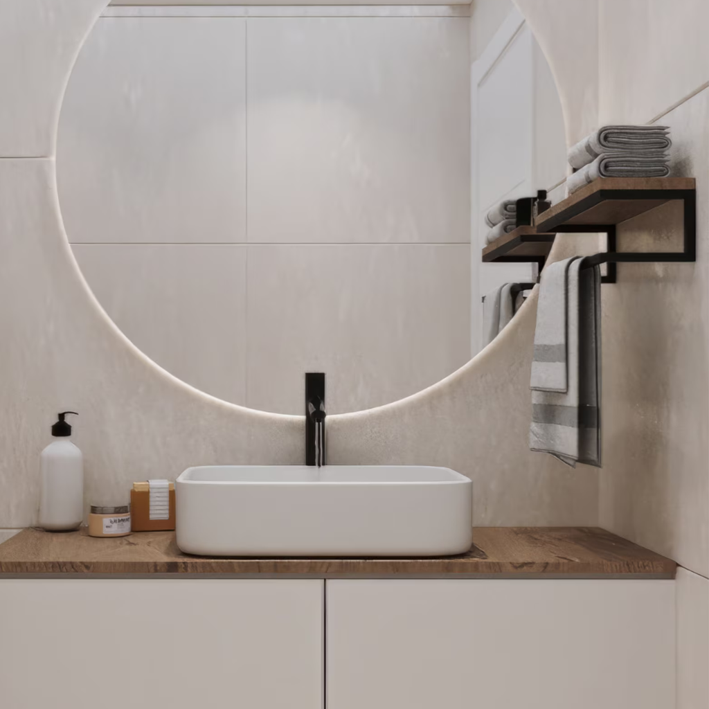Modern Bathroom Towel Rack Shelf – Wooden Wall Shelf with Black Metal Frame | Aureus Living Pakistan