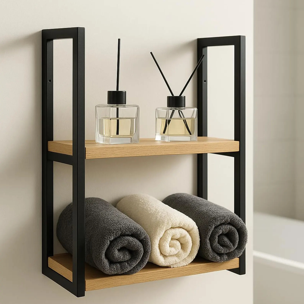 Wall Mounted Metal & Wood Towel Shelf – Handmade Modern Bathroom Rack | Aureus Living Pakistan