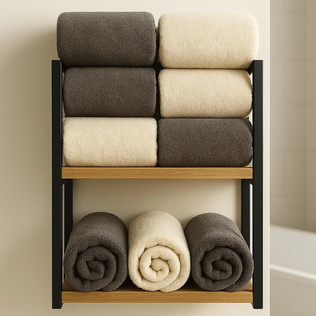 Wall Mounted Metal & Wood Towel Shelf – Handmade Modern Bathroom Rack | Aureus Living Pakistan