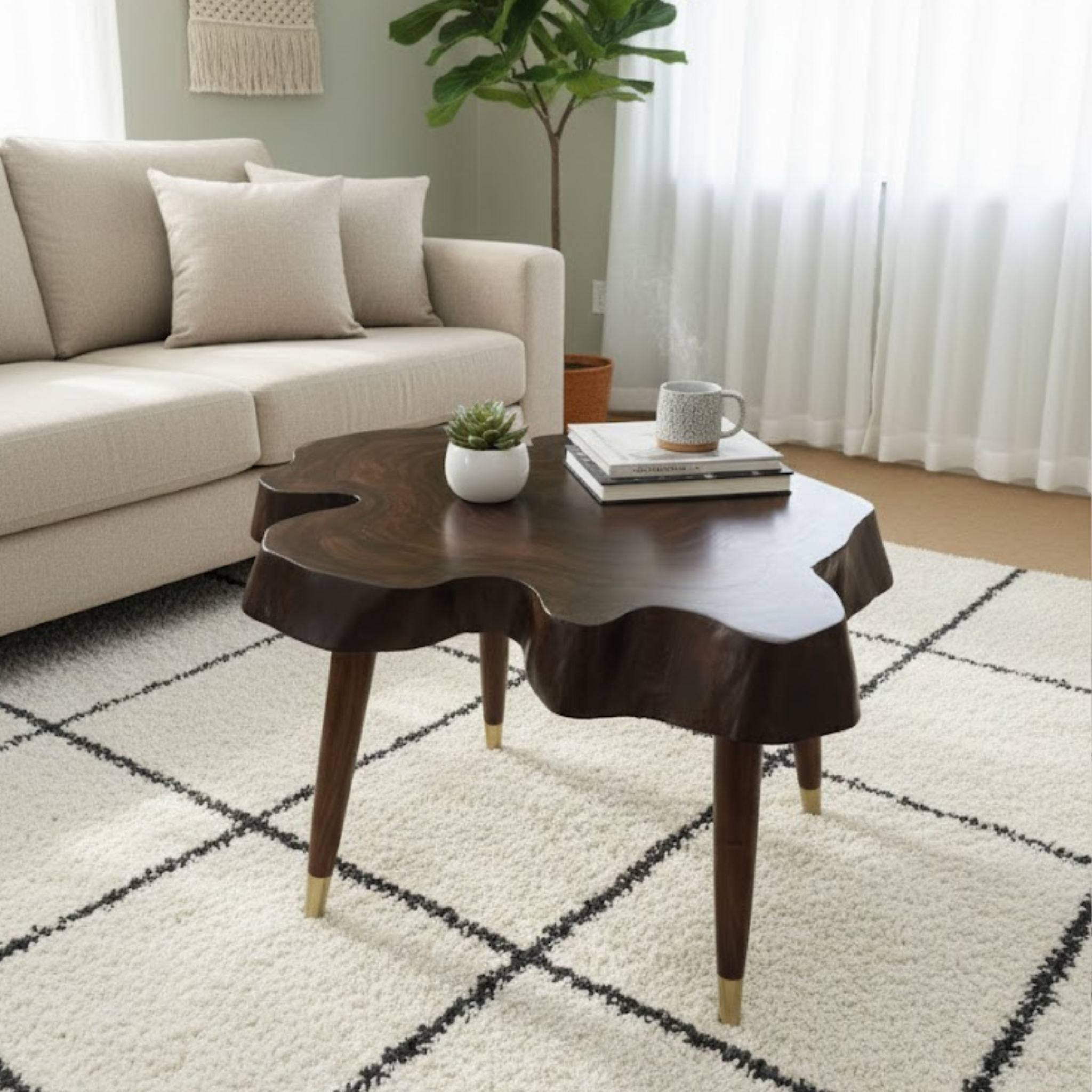 Rustic Live Edge Sheesham Wood Coffee Table – Brass Tip Legs | Aureus Living Pakistan