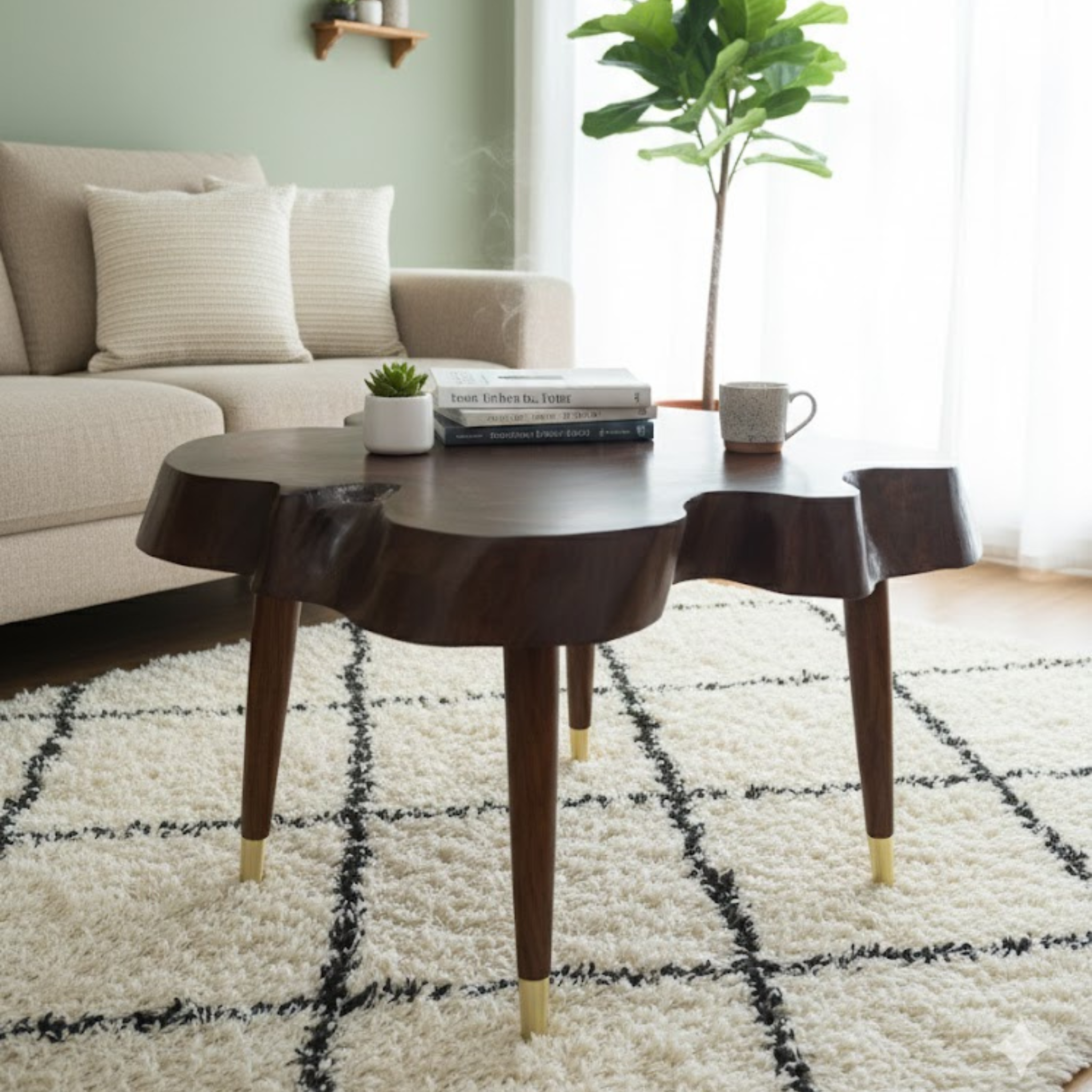 Rustic Live Edge Sheesham Wood Coffee Table – Brass Tip Legs | Aureus Living Pakistan