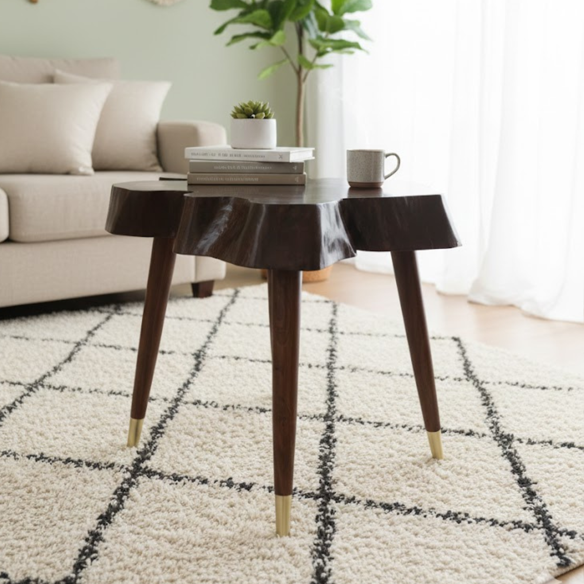 Rustic Live Edge Sheesham Wood Coffee Table – Brass Tip Legs | Aureus Living Pakistan