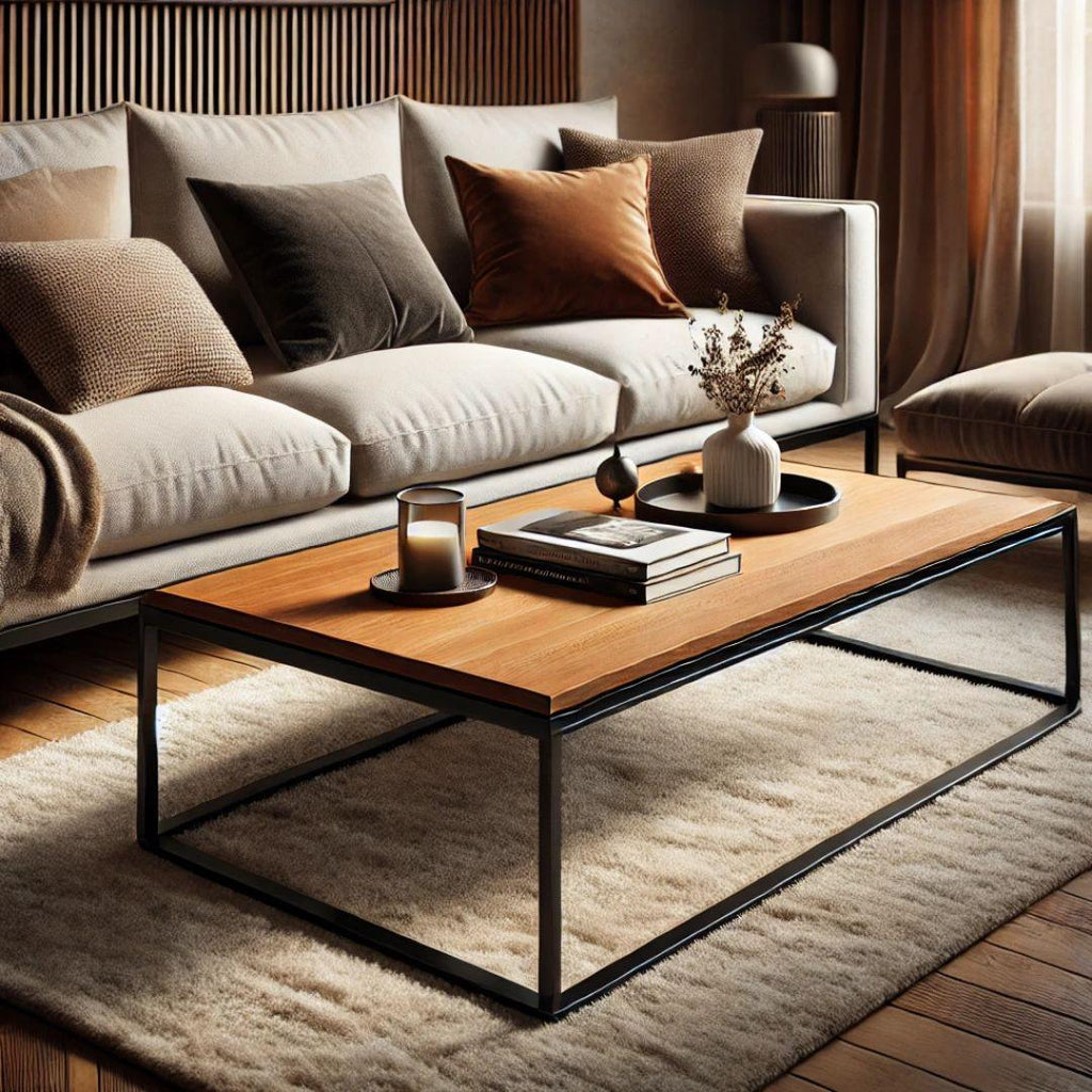 Rectangular Sheesham Wood & Metal Center Table – Large Modern Coffee Table for Living Room