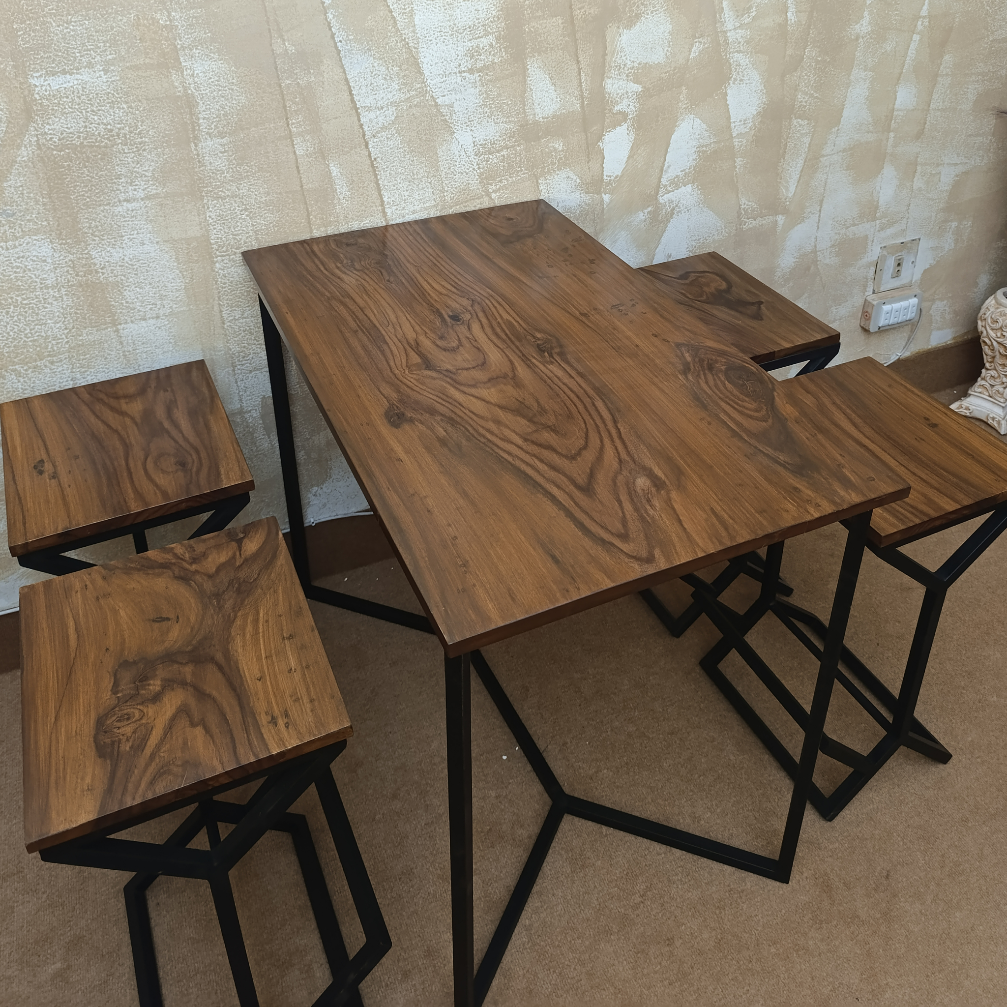 Rustic Sheesham Work & Dine Set with Metal Stools – Solid Wood Dining Set