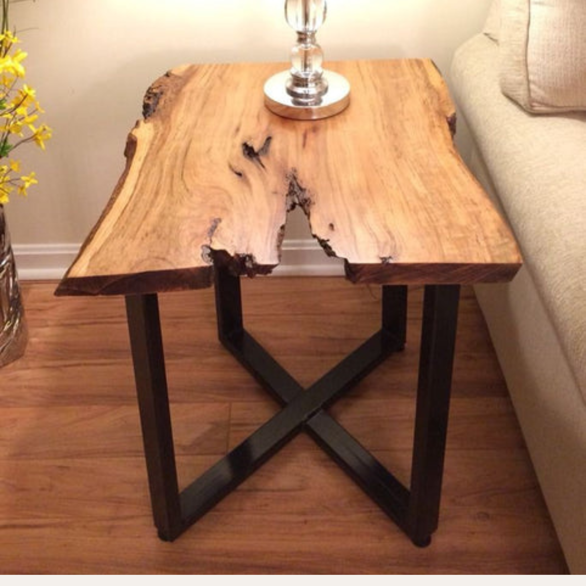 Live Edge Sheesham Wood Side Table – Natural Solid Wood Top with Metal Legs