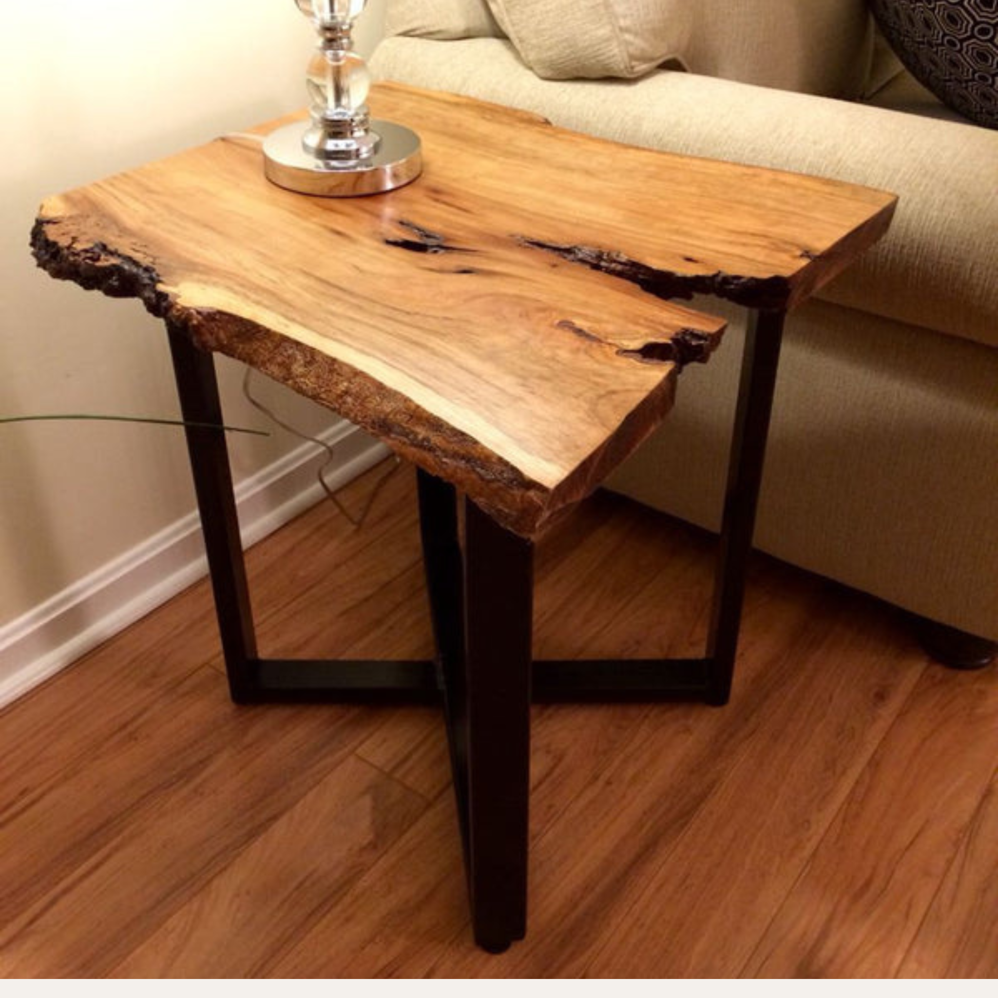 Live Edge Sheesham Wood Side Table – Natural Solid Wood Top with Metal Legs