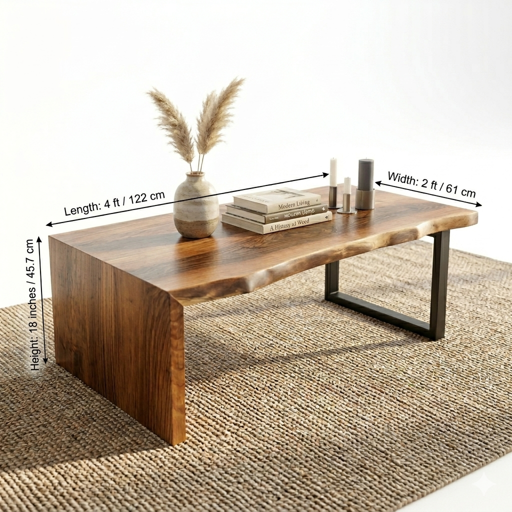 Live Edge Waterfall Coffee Table with Glass Legs – Solid Sheesham Wood Luxury Center Table | Aureus Living Pakistan