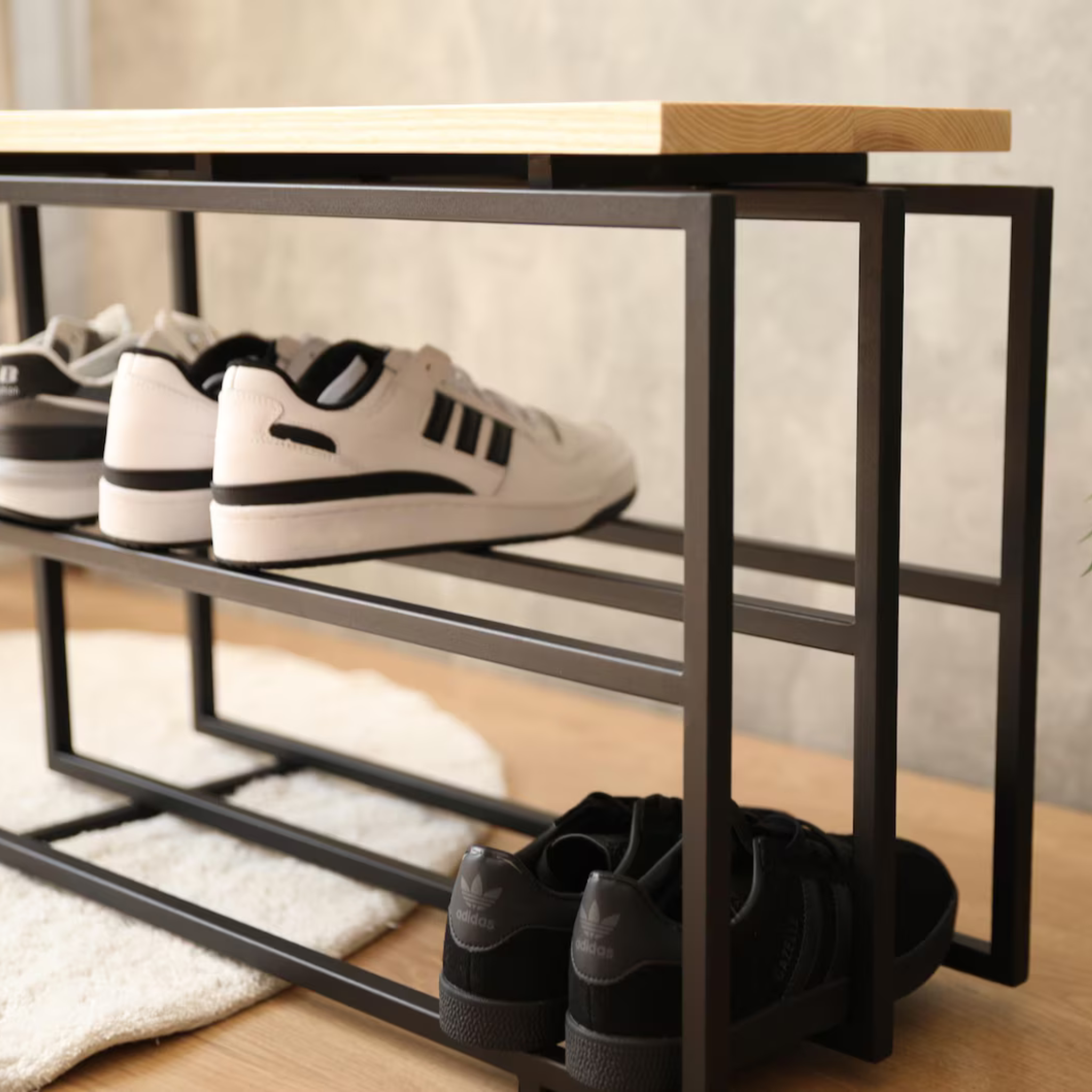 Two-Tier Sheesham Wood Shoe Bench – Industrial Black Metal Frame | Aureus Living