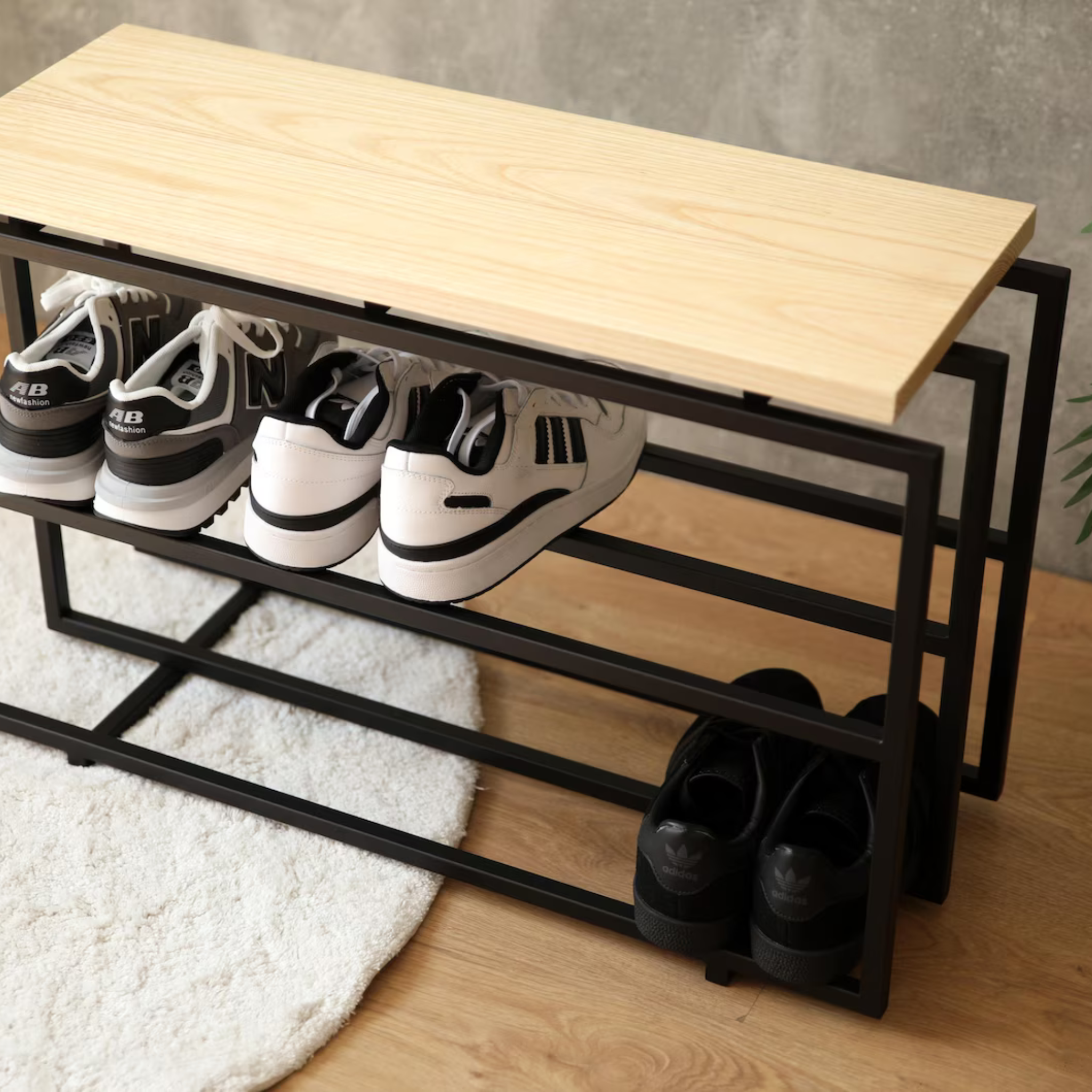 Two-Tier Sheesham Wood Shoe Bench – Industrial Black Metal Frame | Aureus Living
