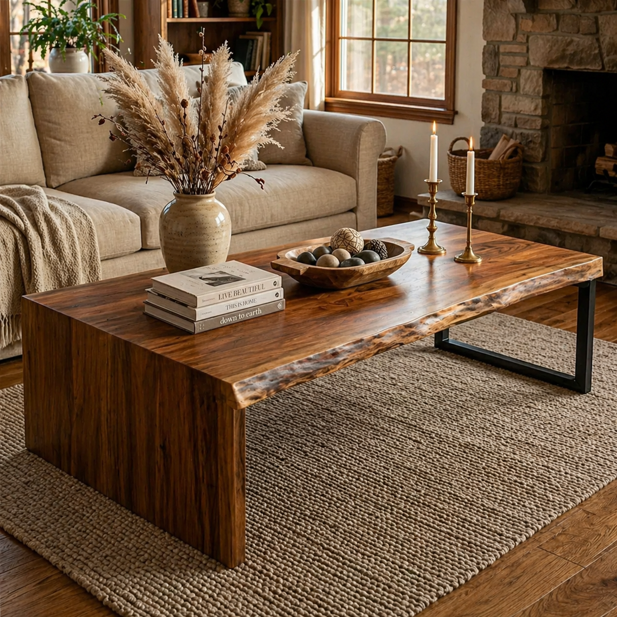 Live Edge Waterfall Coffee Table with Glass Legs – Solid Sheesham Wood Luxury Center Table | Aureus Living Pakistan