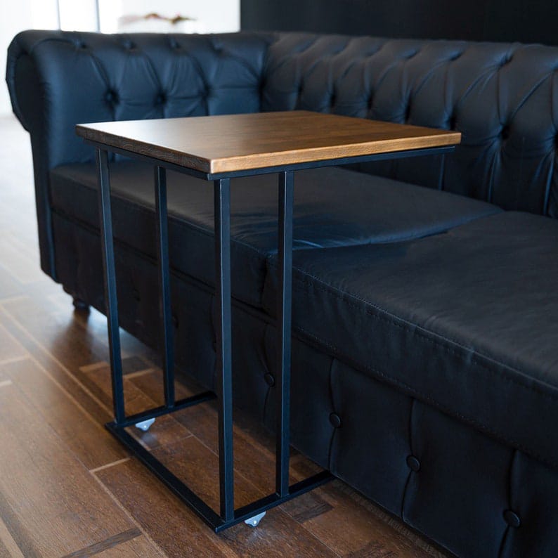 C-Shaped Side Table | Solid Wood Sofa Table | Powder-Coated Metal Frame 18x14