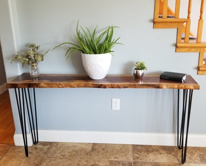 Live Edge Console Table | Solid Wood Sofa Table | Hairpin Leg Entryway Table