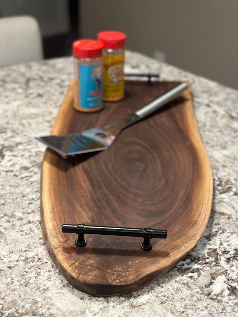 Live Edge Serving Board | Solid Wood Charcuterie Board | Cutting Board with Metal Handles