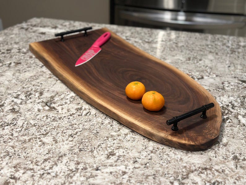 Live Edge Serving Board | Solid Wood Charcuterie Board | Cutting Board with Metal Handles