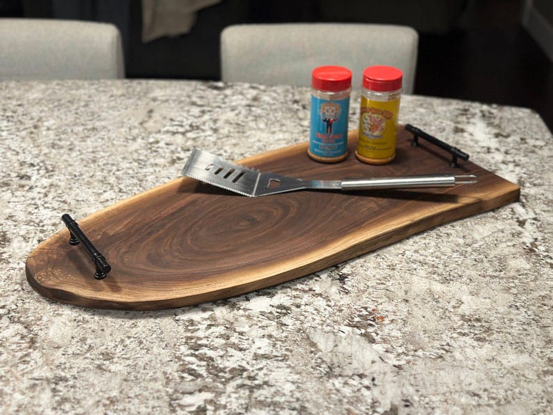Live Edge Serving Board | Solid Wood Charcuterie Board | Cutting Board with Metal Handles