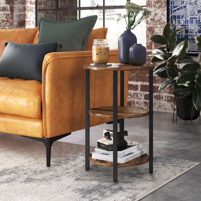 Industrial End Table | Solid Wood Side Table | 3-Tier Round Shelf Accent Table