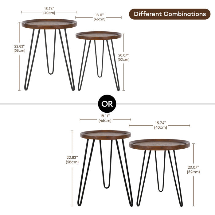 Round Nesting Tables Set of 2 | Solid Wood Hairpin Leg Tables | Industrial Tray Tables