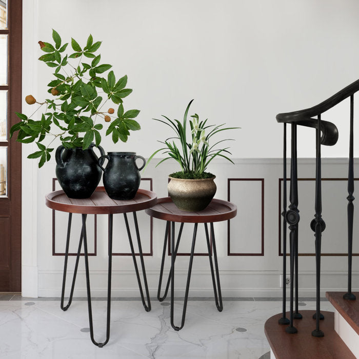 Round Nesting Tables Set of 2 | Solid Wood Hairpin Leg Tables | Industrial Tray Tables