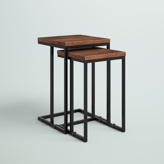 C-Shaped Nesting Tables Set of 2 | Solid Wood End Tables | Industrial Metal Frame